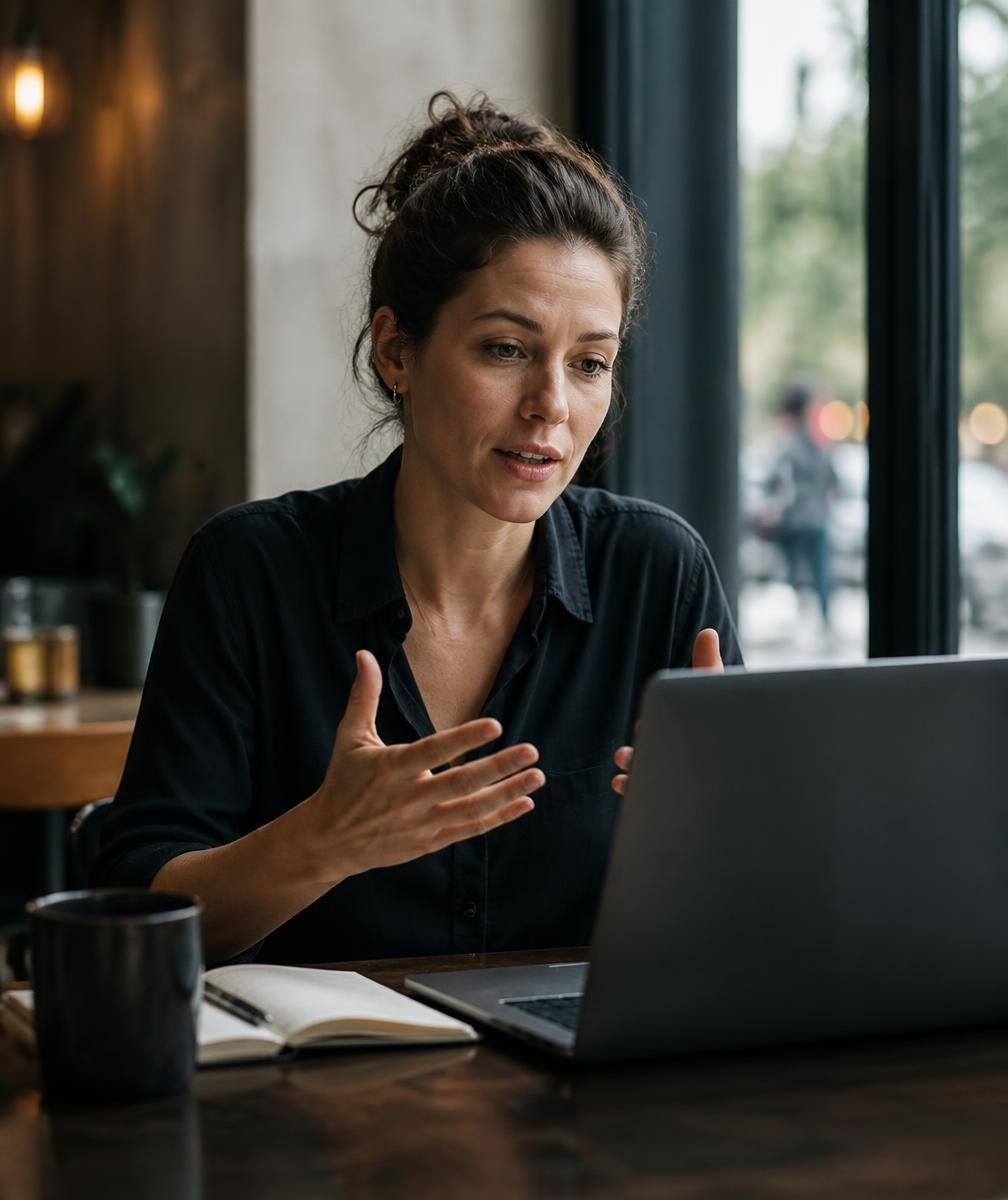 A consultant on a video call at a cafe table with a laptop and open notebook