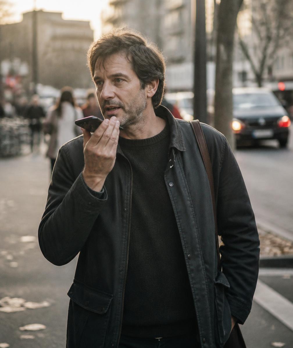A man walking on a city street recording a voice note into his phone